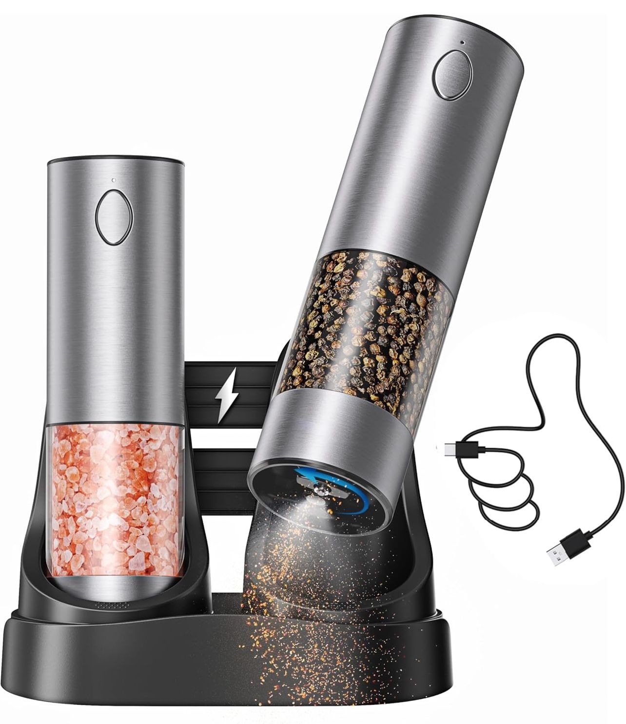 Electric Rechargeable Salt and Pepper Grinder Set - USB-C Charging Base, Large Capacity 100ml, Adjustable Coarseness, Stainless Steel Automatic (2 Pac