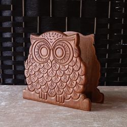 Vintage Wood Owl Napkin Holder, Carved Wood Owl Napkin Holder