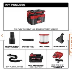 Brand new - M18 FUEL PACKOUT 18-Volt Lithium-Ion Cordless 2.5 Gal. Wet/Dry Vacuum and M18 5.0 Ah Lithium-Ion XC Battery Pack