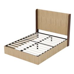 Queen Size serrated wooden platform bed frame, wing-shaped color-matched headboard, no spring bed board required, easy to assemble, with natural woode
