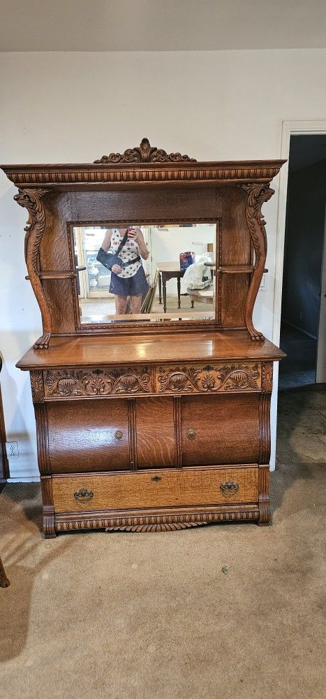 Antique OAK HUTCH Mirrored NICE!