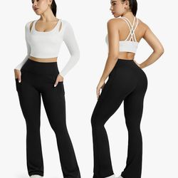 (LARGE & XXL) Womens Flared Yoga Pants with Pockets, High Waisted Flare Leggings Bell Bottom Bootcut Yoga Dress Pants (LARGE)