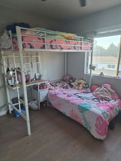 White Metal Loft Bed with Ladder