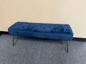 Blue Velvet Tufted Bench with Gold Legs