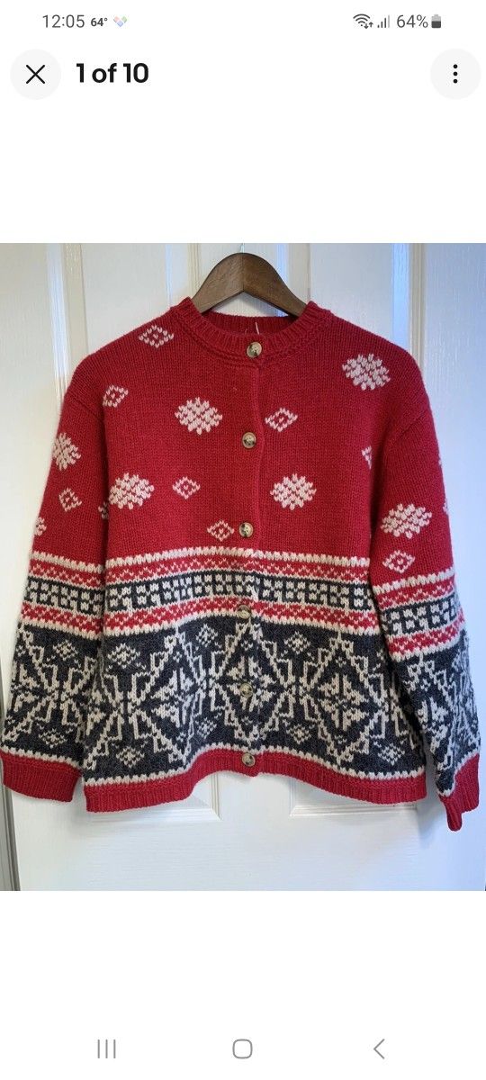 Vintage'90s Eddie Bauer Wool Alpaca Fair Isle Nordic ugly Christmas sweater Cardigan Button L