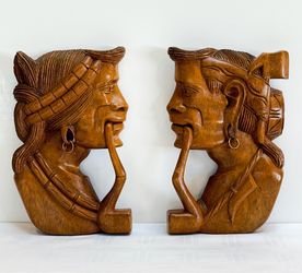 Vintage Mid-Century Tribal Man & Woman Profile Busts | Carved Wood Wall Art | Pacific Islander Hand Carved Smoking Pipes