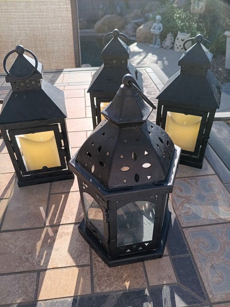 $7 Each 4🌻9" Black Metal With 3 Battery Garden Lanterns. $7 Each OR ALL 4 For $23
