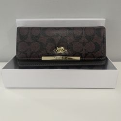 Coach Signature Brown Canvas Wallet with Gold Bar Logo