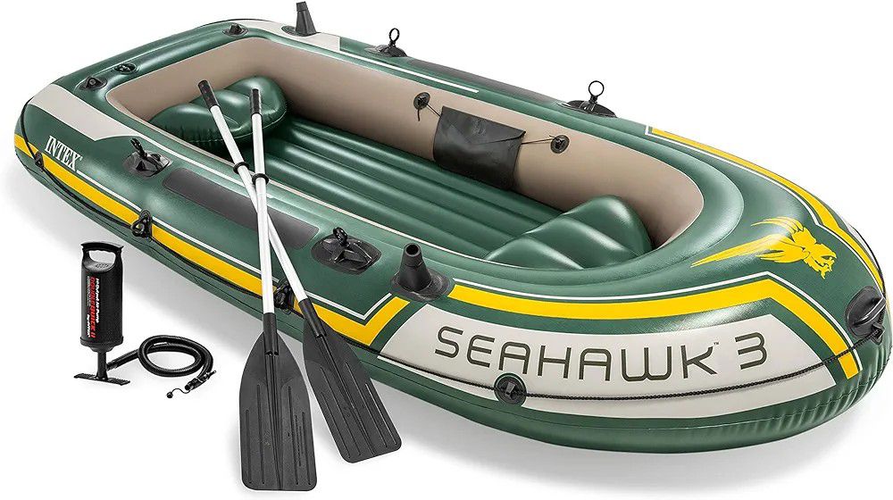
INTEX Seahawk 3 Inflatable Boat Series: Includes Deluxe Aluminum Oars and High-Output Pump – SuperStrong PVC – Fishing Rod Holders – Heavy Duty Grab 