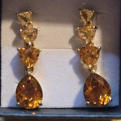 Genuine 4 shade (Ombre) Citrine Earrings. 18K YG over .925 Sterling Silver. 1" Drop. 
