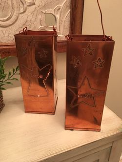 Rustic copper “LOVE” and “WISH” metal containers. Use for tealights! 9”x3.5”