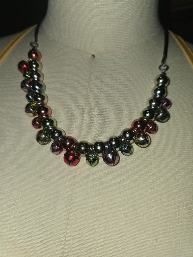 20 Inch Handmade Red, Green And Silver Beaded Necklace 