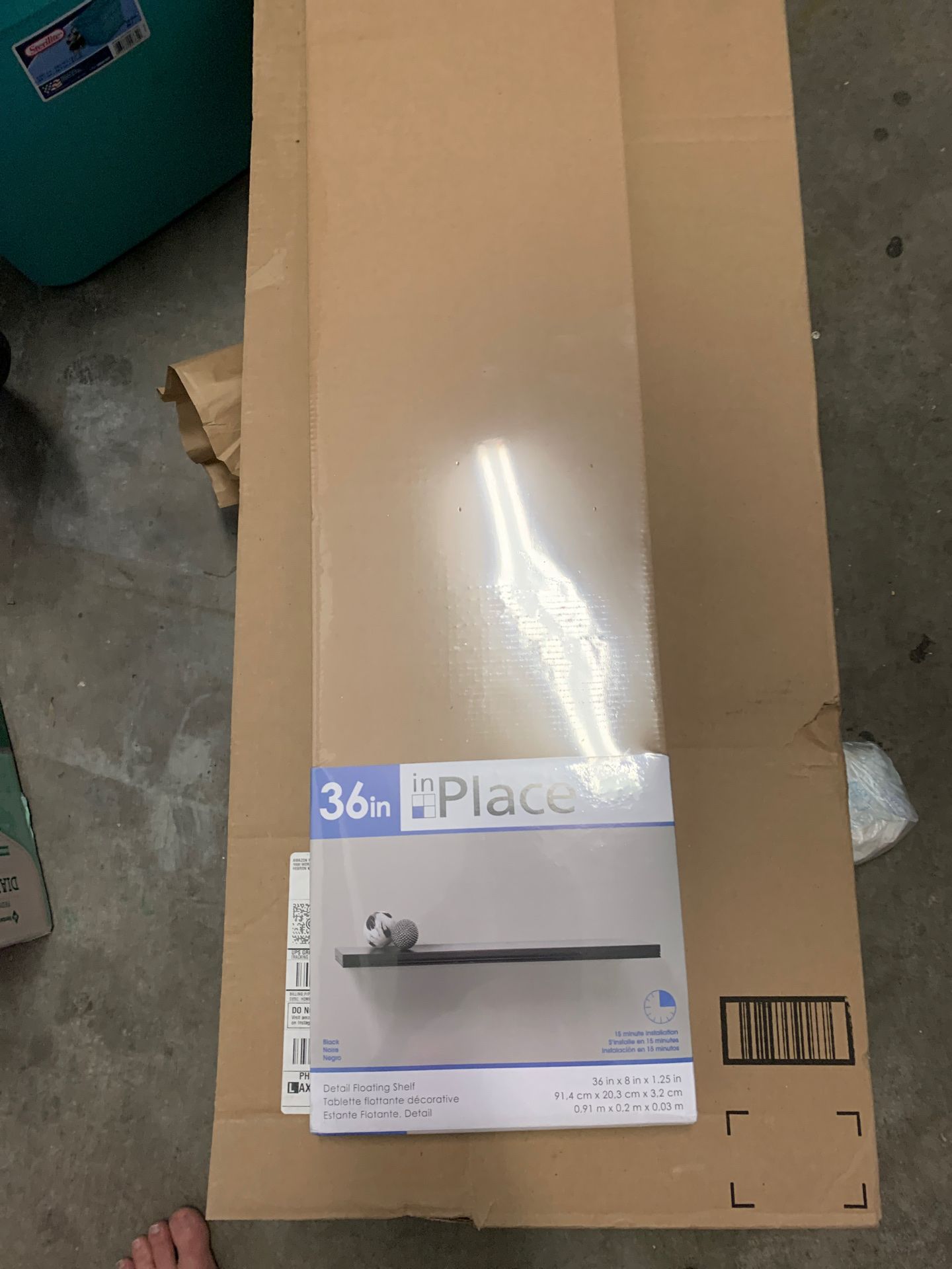 Wall mounted floating shelf black size 36 in W x 8 in D x 1.25 in H. New in box