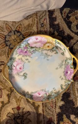 T&V Limoges France 11" Serving Tray Cake Dessert Flower Gold Gilded Hand Painted Signed