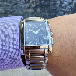 VINTAGE 2006 Bulova Swiss Chronograph — Tank-Style Rectangle | Black Dial | Orange Accents | Fresh Battery