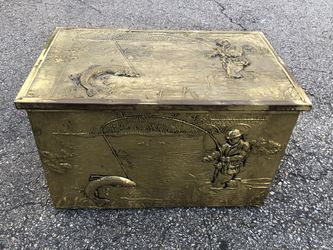Vintage Embossed Brass Coal Box Storage Chest  Wood Repousse metal relief Fly Fishing Scene Bass Made In England Tackle Lure Storage 11”H x 10.5”D x 1
