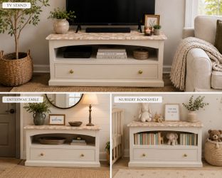 Custom refinished entry way table, entertainment center, or nursery book shelf