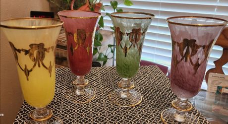 Vintage Arte Italica Rialto Borghese Wine Goblets Set of 4 (Yellow, Pink, Green, Amethyst) - 24K Gold Etched .