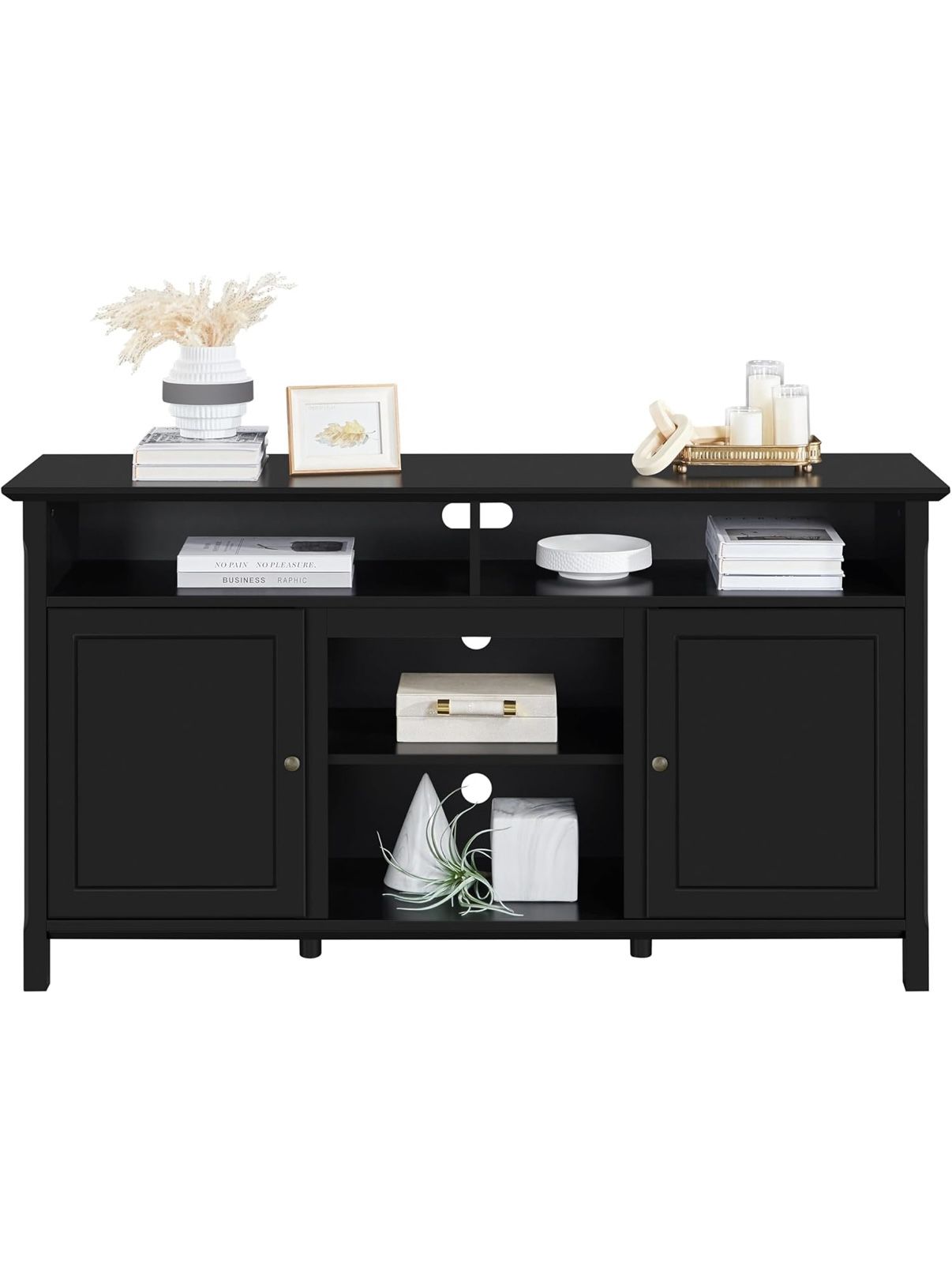 Modern Black TV Stand with Storage, Shelves & Built-In Outlet