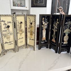 $55 Ea Or 2 For $100. Asian Chinese Chinoiserie Antique Black Or White Lacquer Table Top Folding Screen Divider. Semi Precious Stones, Mother Of Pearl