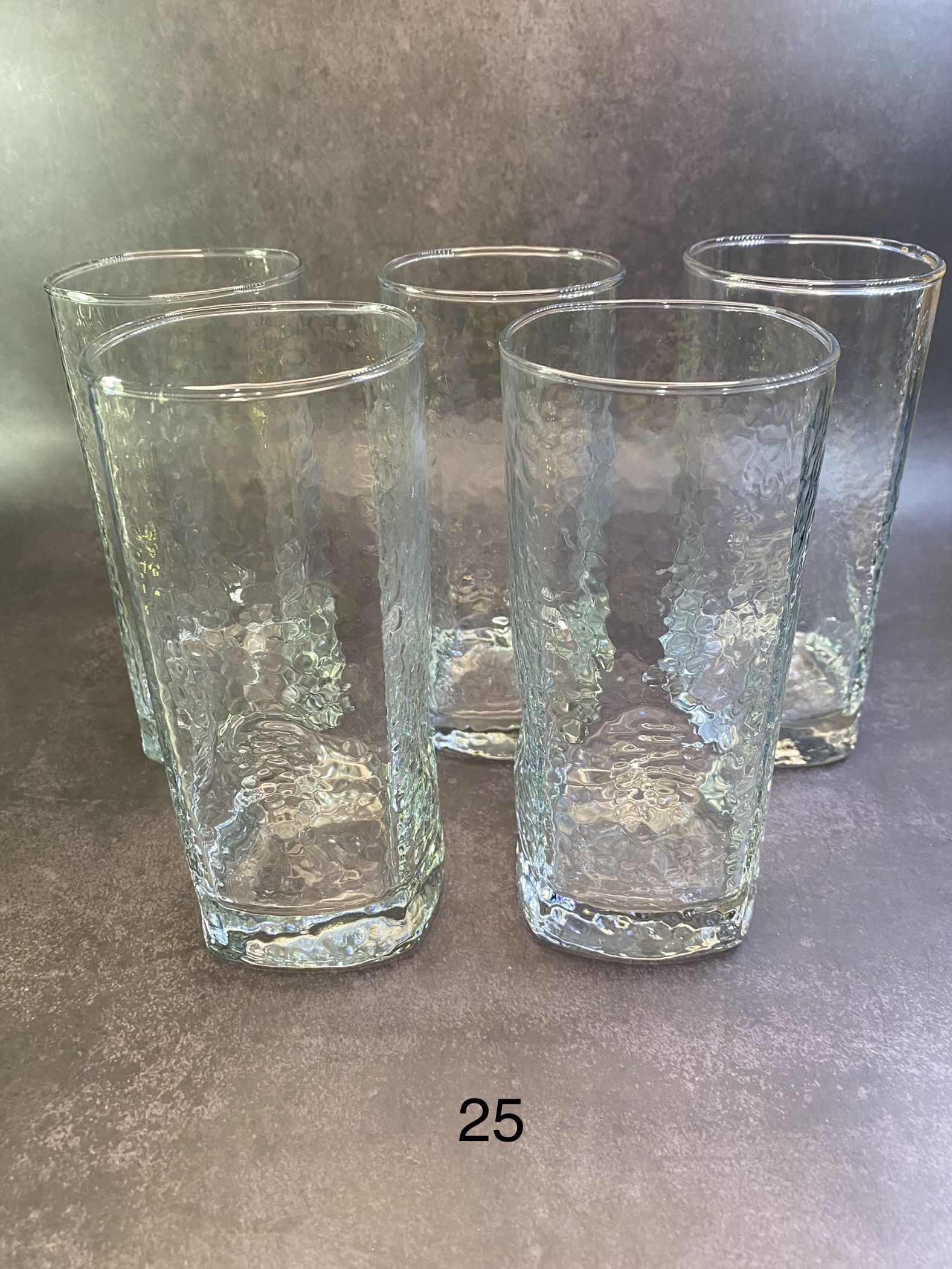 Set of (5) Vintage Libbey Crisa Clear Dimpled, Pinched Grip Glass Tumblers. High Ball. Squared base. Thick & heavy glass. Made In USA.