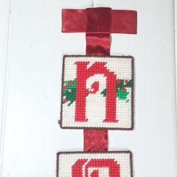 Vtg NOEL Cross Stitch Ribbon Christmas Door or Wall Hanging Plastic Handmade