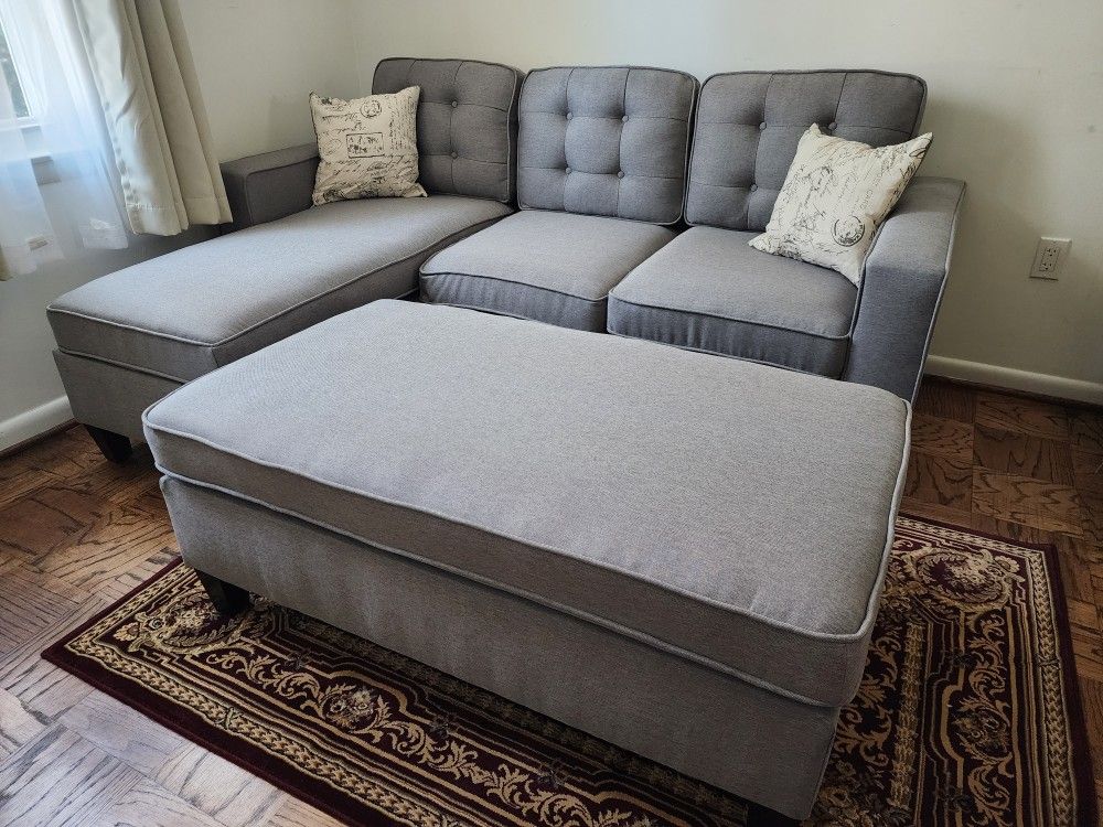 Brand New Light Grey Linen Sectional Sofa +Ottoman (New In Box) 