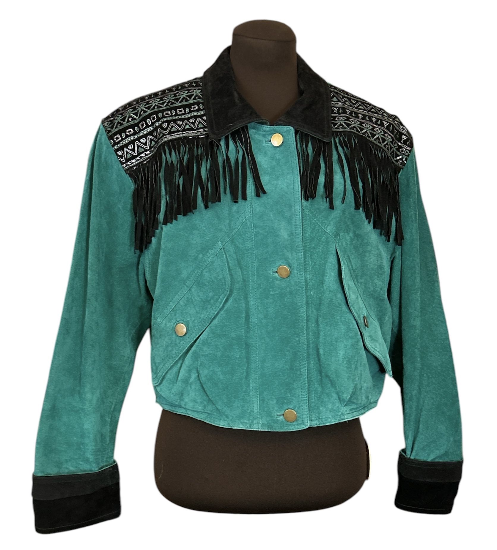 Scully Vintage 1980’s Teal Suede Leather Jacket Black Fringe Size 8 NWOT