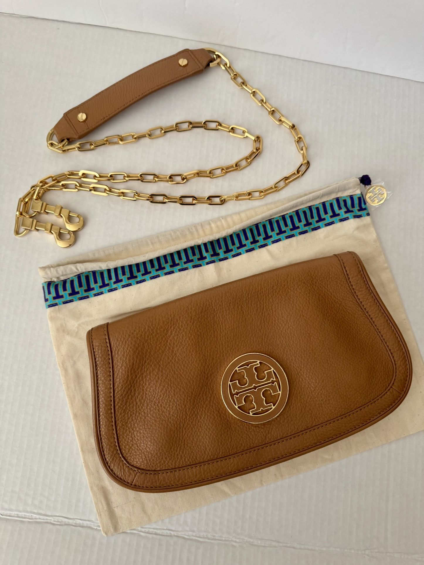 Tory Burch Leather Amanda Logo Flap Clutch Crossbody Purse Bag In Royal Tan
