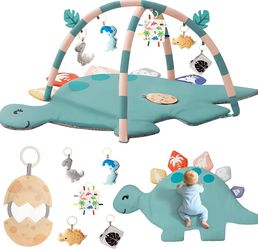 Baby Tummy Time Mat, Oversize Dinosaur Shaped Baby Play Gym Mat with 6 Toys, Play Mat for Babies 0-6-12 Months Promotes Motor Skills & Sensory Develop