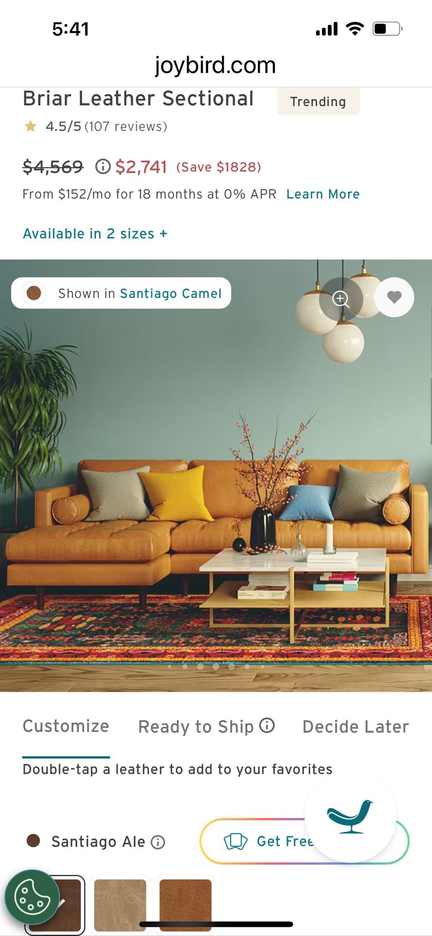 Joybird Briar Leather  Sectional Like New!