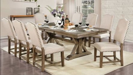 Brand New Light Oak & Beige 9pc Formal Dining Table Set
