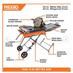 Ridgid Wet Tile Saw 15amp 10in…New!