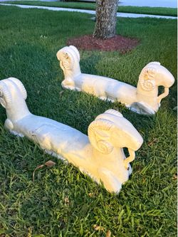 Pair Large 43.5” Reclining Ram Garden Sculptures – Composite Architectural Landscape Statues