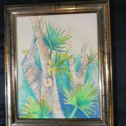 Original Signed Framed Contemporary Colorful Artwork By John Loree- Green Yellow Blue Bright Tropical Palm Tree Branch Nature