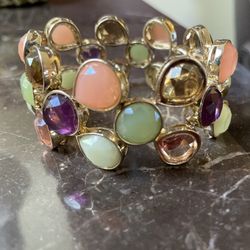 Gold Tone Multicolored Acrylic Cabucon Studded Stretch Bracelet