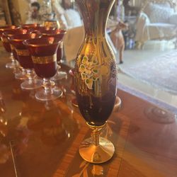 10 H Vintage & Gold Hurricane Style Glass Vase Painted Flowers