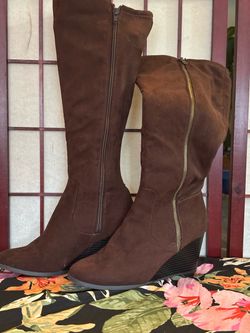 Brown Suede Knee-High Wedge Boots Size 8