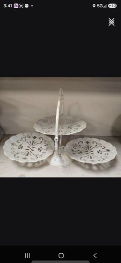 3 Tier Painted White Metal Folding Serving Dessert Tray Filigree Design Vintage
