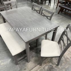 New 6 Piece Dining Room Table Chair Bench Set Kitchen Grey Wood Solid Sale Discount Furniture Warehouse Big 