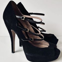 Gucci EUR 36.5 US 6.5 Black Suede 3 Straps Open Toe Platform Heel 5 Inch
