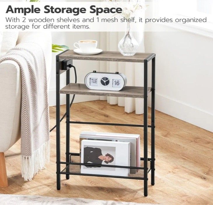 Hoobro Small Narrow Side Table with Charging Station, Skinny End Table for Small Spaces NEW!