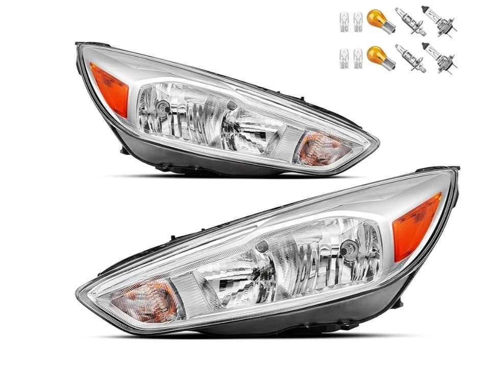Headlights Assembly Compatible With 2015-2018 Ford Focus Halogen Headlamp,Chrome Housing Amber OE Style, For 2015 2016 2017 2018 ST/SE/S Headlights