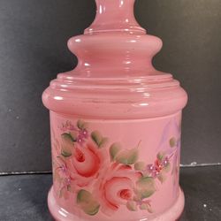 APOTHECARY Antique Glass Pink Handpainted-Roses French-Style Lidded Jar (Height: 9-1/4”)