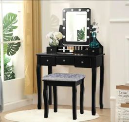 Black Vanity Dressing Table Set with Cushion Stool