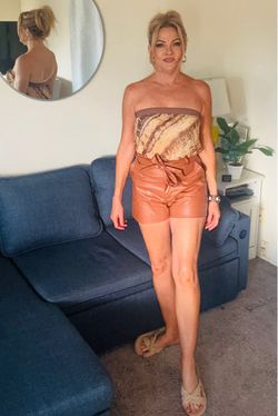 Tan Faux Leather High-Waist Tie Shorts