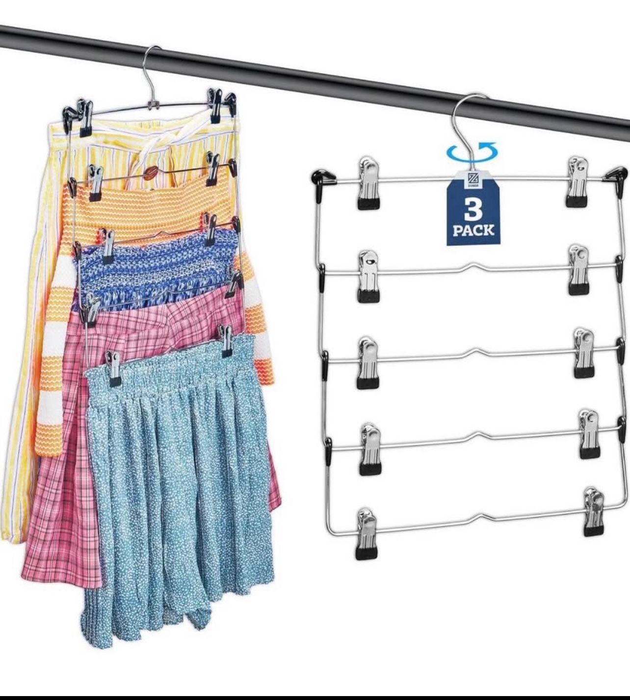 Brandnew 3pk  5-Tier Skirt Hangers with Clips - Metal, Non-Slip Space Saving Pants Hangers W/Adjustable Clips & Swivel Hooks - Skirt Hangers for Women