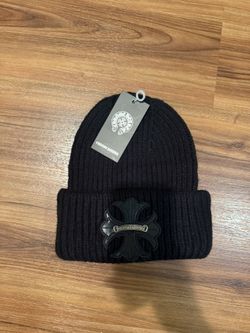 Chrome Hearts Black Knit Beanie w/ Leather Cross Patch