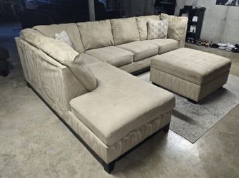 Beige Microfiber Sectional Sofa with Left Chaise & Ottoman