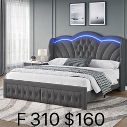 Full size Bed Frame with LED Lights and 2 Storage Drawers, Velvet Upholstered Platform (310)